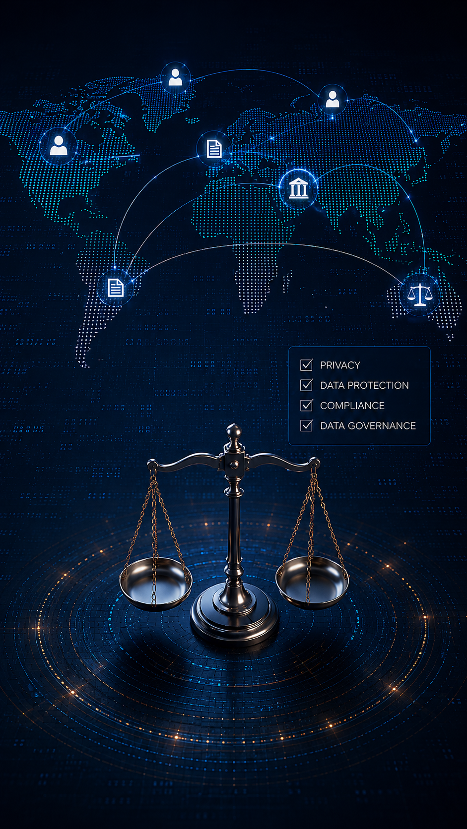 Scales of justice over a digital world map representing global compliance and data governance